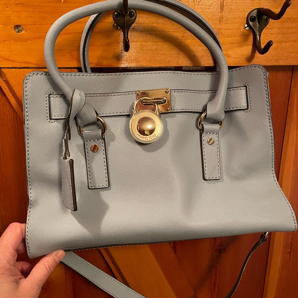 Vintage Michael Kors Light Blue Leather Tote Bag/Purse. Stain Inside*see pics.